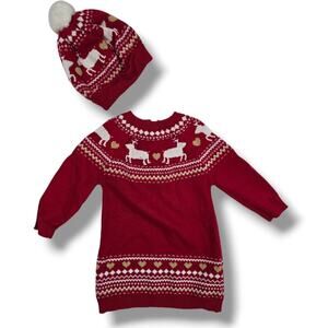 Tiny Threads Baby Girls 2-Piece Red Knit Sweater Dress & Beanie Set 9M Cotton